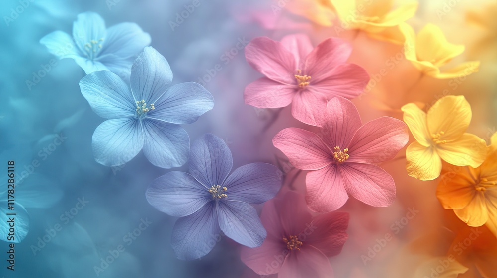 Vibrant flowers in shades of blue, pink, and yellow create a soothing atmosphere in a floral arrangement Vibrant flowers in shades of blue, pink, and yellow create a soothing atmosphere in a floral arrangement