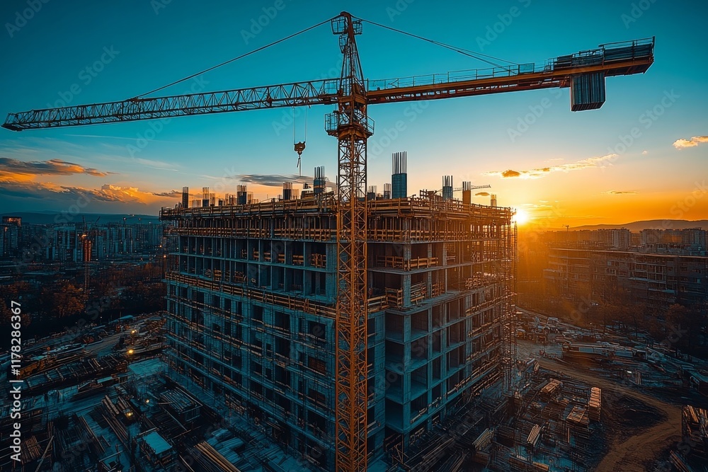 Construction Site at Sunset: A High-Rise Building Under Construction Construction Site at Sunset: A High-Rise Building Under Construction