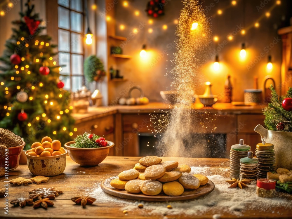 Festive kitchen: Christmas Eve baking captures holiday spirit through cookies, flour dust, and cheerful decorations. Festive kitchen: Christmas Eve baking captures holiday spirit through cookies, flour dust, and cheerful decorations.