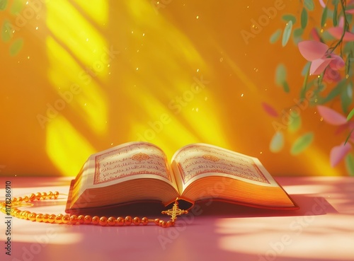 Photo of an open Quran with a rosary on a table, copy space for text, stock photo contest winner, orange and yellow gradient background, colorful book cover, pink theme, beautiful, highly detailed