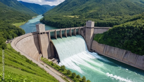 Majestic Dam Releases Water in Lush Mountain Valley photo