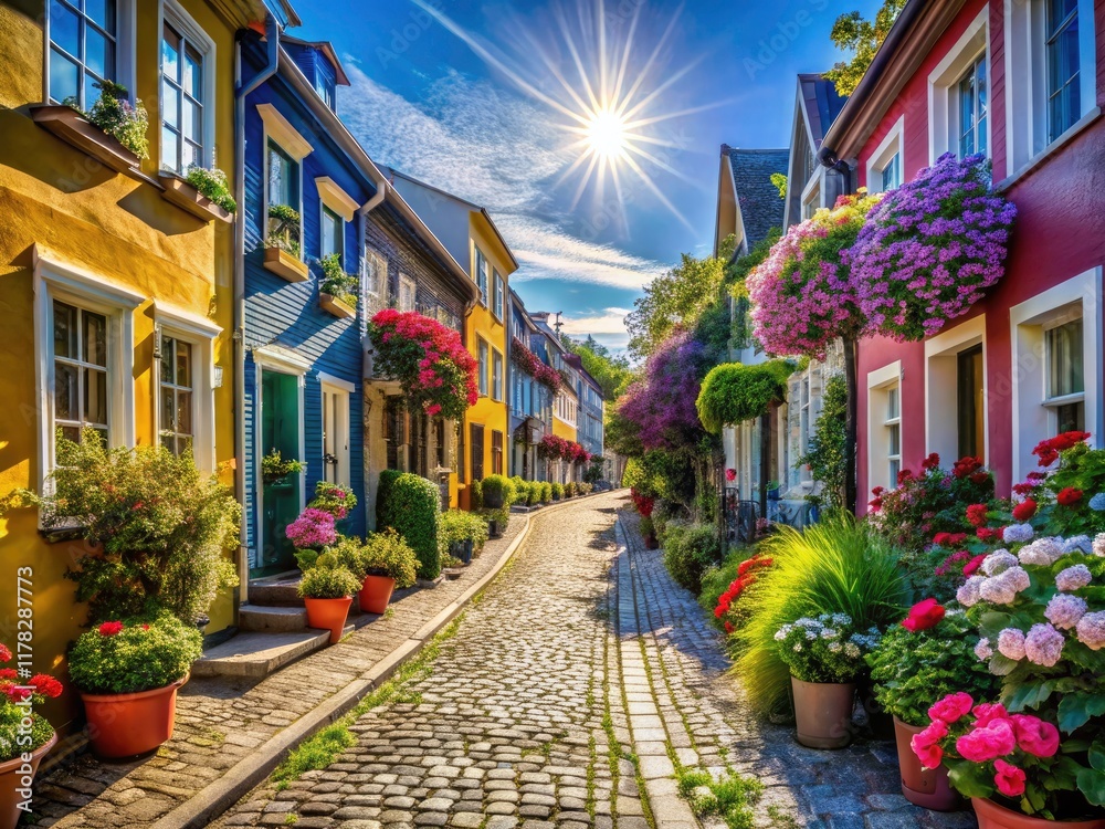 Obraz premium Colorful Street Houses, Vibrant Architecture, Row Houses, Painted Buildings, Charming Street Photography, Picturesque Town, Urban Landscape, Street Scene