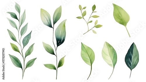 Watercolor painting featuring vibrant green leaves on white background