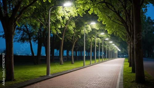 Fototapeta Naklejka Na Ścianę i Meble -  Illuminated Tree-lined Pathway at Night