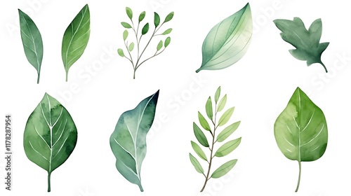 Watercolor painting featuring vibrant green leaves on white background
