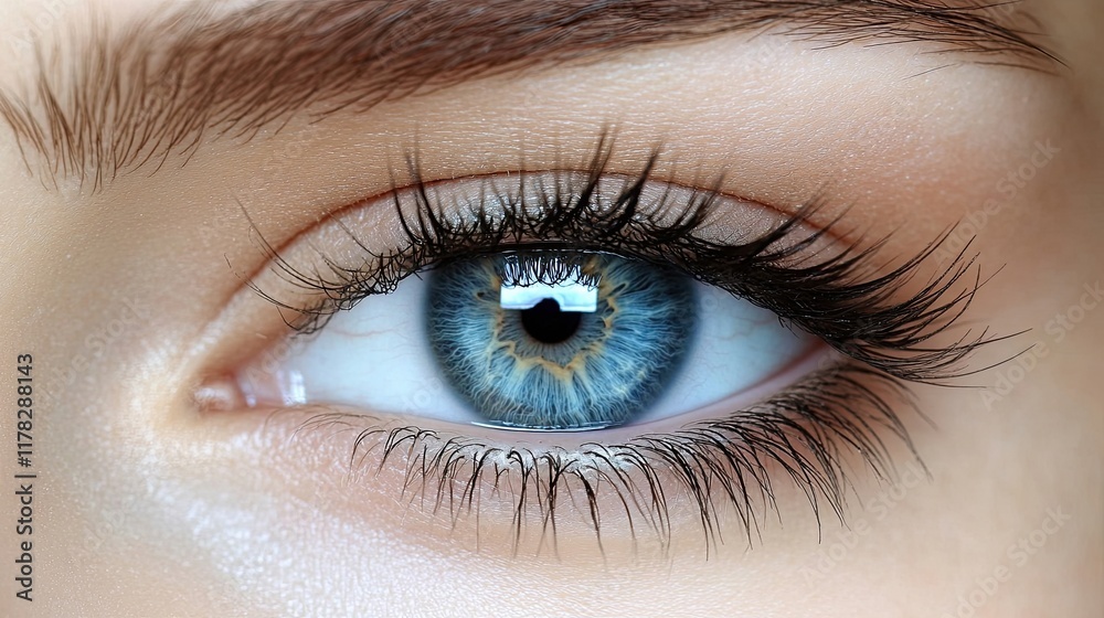 Close-up view of a striking blue eye with long eyelashes and natural makeup, showcasing intricate details and colors Close-up view of a striking blue eye with long eyelashes and natural makeup, showcasing intricate details and colors