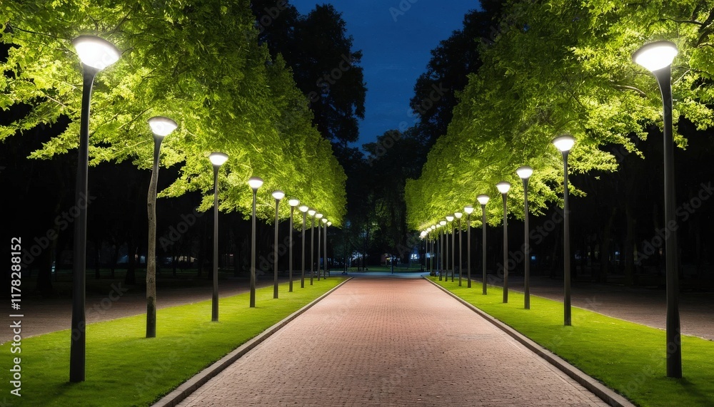 Obraz premium Illuminated Tree-lined Pathway at Night