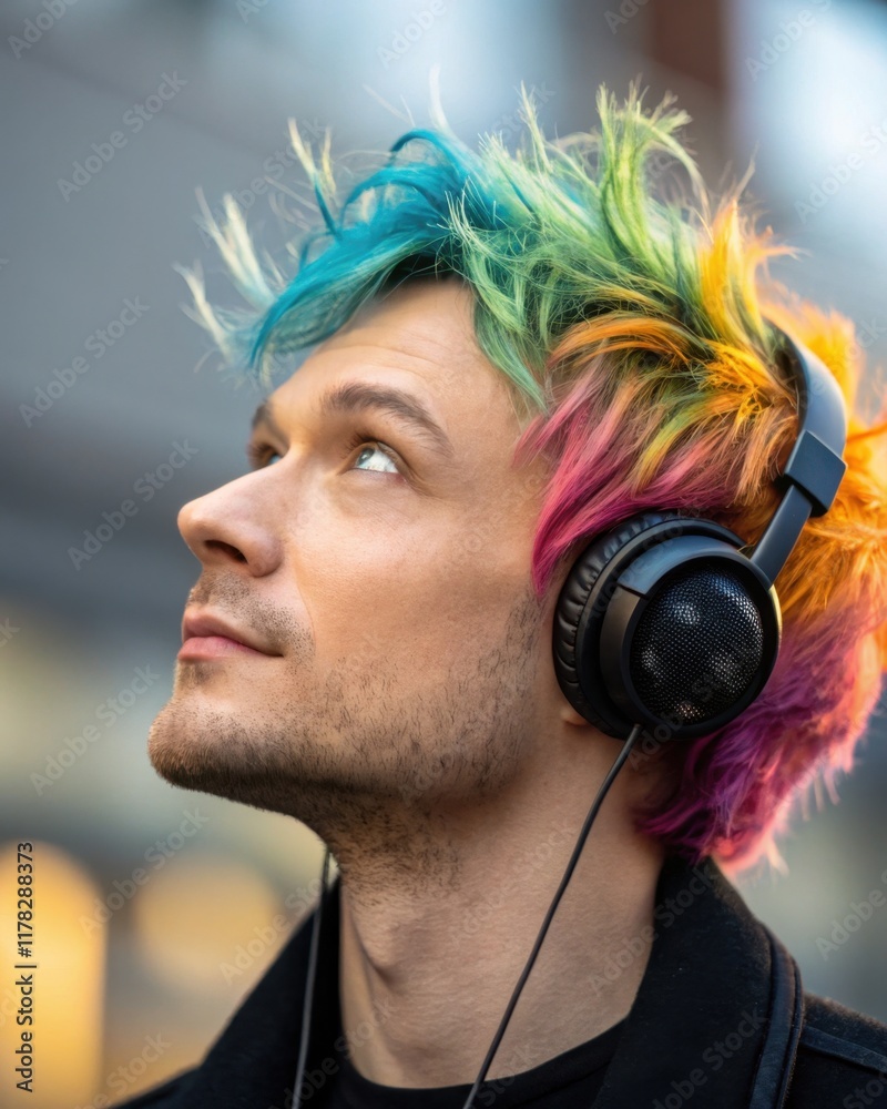 Fototapeta premium Colorful hair trend: young adult with vibrant headphones looks upward in urban setting