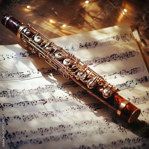 Classical Flute on Sheet Music, Warm Light Illustration
