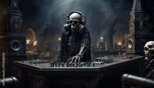 Skeleton DJ performing in a dark, mystical setting with candles and gothic decor
