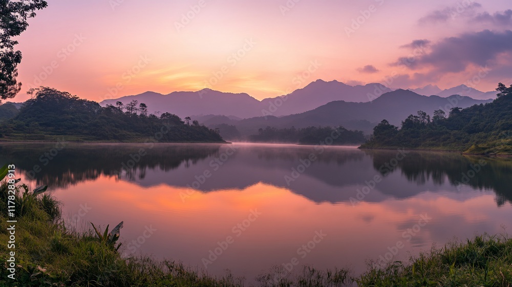 Serene sunrise over a calm lake reflecting mountains and a misty sky. Serene sunrise over a calm lake reflecting mountains and a misty sky.