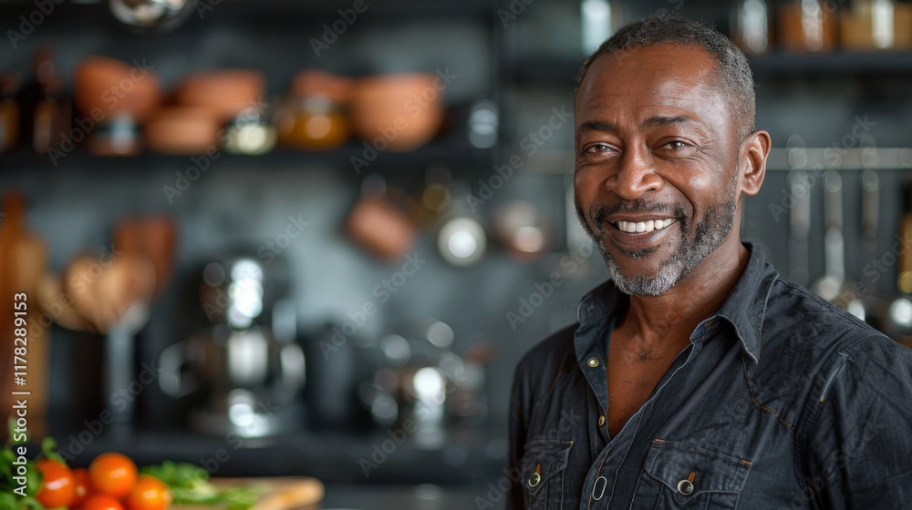Confident man smiling warmly while standing in a contemporary kitchen surrounded by vegetables and culinary tools. Ambient lighting highlights a welcoming kitchen interior Confident man smiling warmly while standing in a contemporary kitchen surrounded by vegetables and culinary tools. Ambient lighting highlights a welcoming kitchen interior