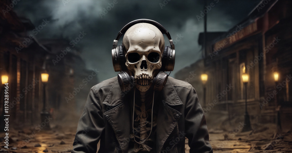 Skeleton wearing headphones in a desolate urban landscape with dark clouds at dusk Skeleton wearing headphones in a desolate urban landscape with dark clouds at dusk