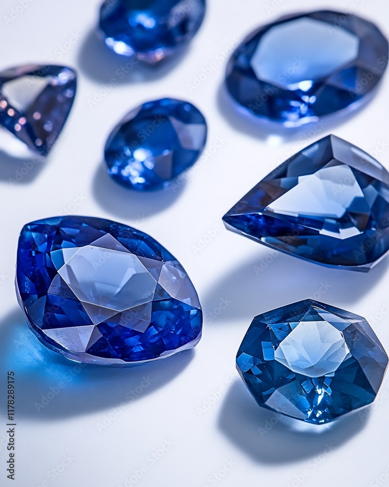 Collection of various cut and polished blue sapphires displayed on a white surface. Collection of various cut and polished blue sapphires displayed on a white surface.
