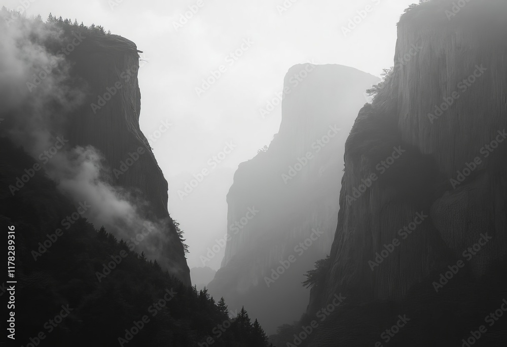 Monochrome foggy mountains with trees