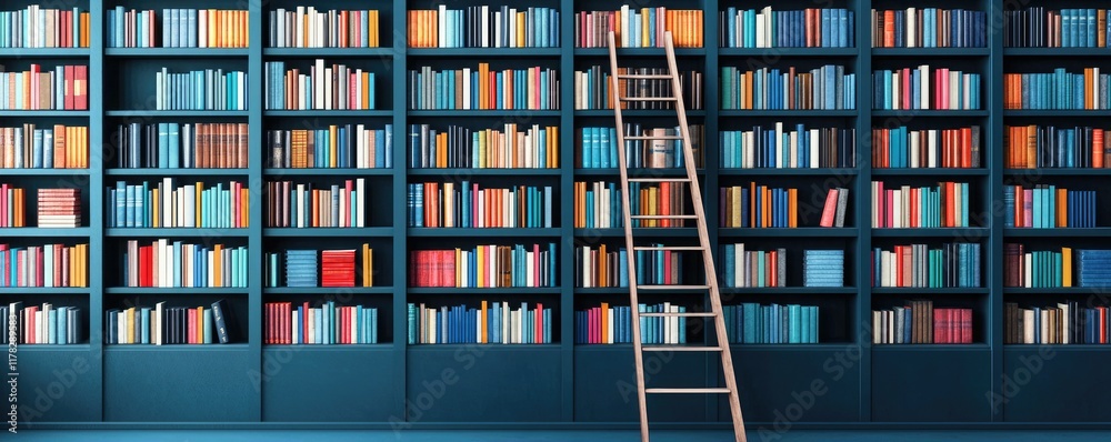 A modern library with a tall ladder leaning against a vibrant bookshelf filled with colorful books. A modern library with a tall ladder leaning against a vibrant bookshelf filled with colorful books.