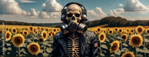 Skeleton in gas mask stands in a field of sunflowers under a dramatic sky during golden hour