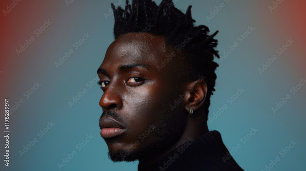Bold and captivating portrait featuring a fashionable individual showcasing modern aesthetics with a moody background. This image highlights personality, confidence, and contemporary style through exq