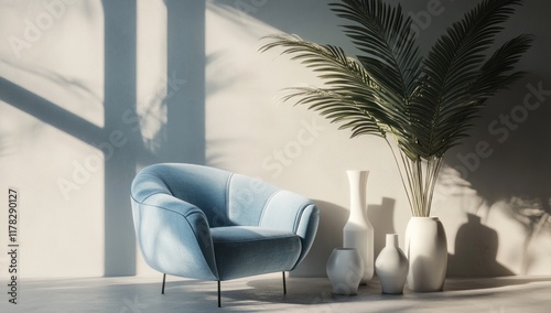 Blue armchair in sunlit room with plants and vases.