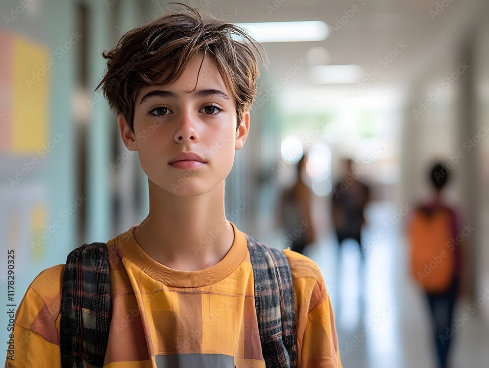 Fototapeta premium Youthful Boy in School Hallway: A Pensive Portrait