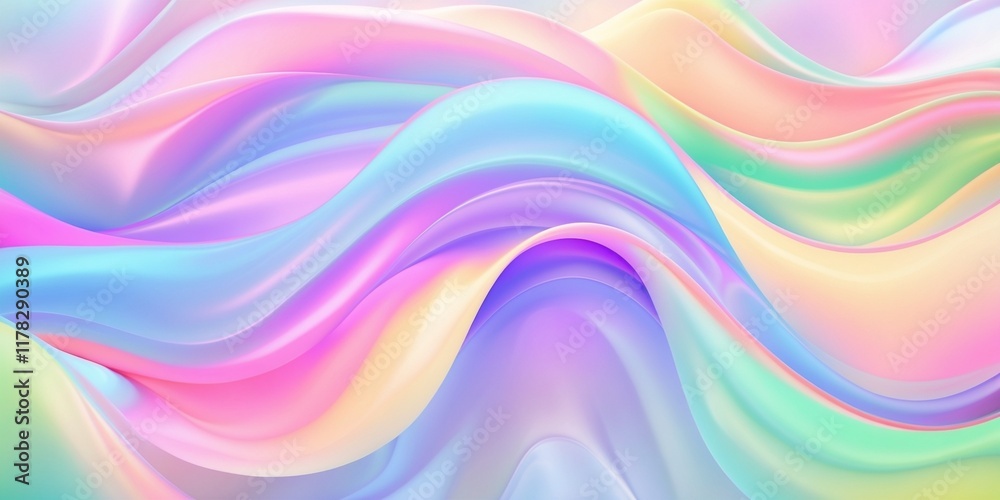 Obraz premium Abstract colorful background with soft, wavy patterns flowing horizontally. Vibrant pastel colors, including pink, blue, purple, green, and yellow, blend smoothly with a gradient effect.