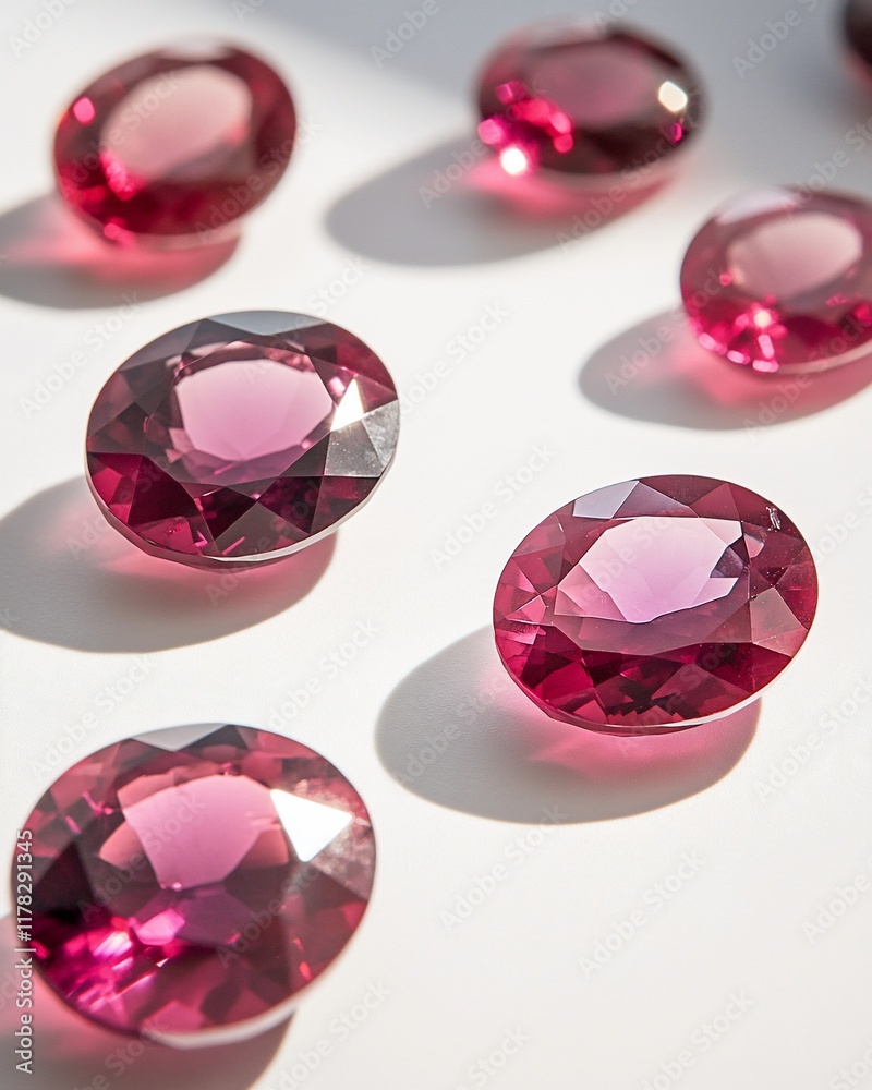 Six oval-cut, deep pink gemstones arranged on a white surface, illuminated by sunlight casting shadows. Six oval-cut, deep pink gemstones arranged on a white surface, illuminated by sunlight casting shadows.