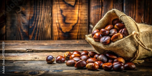 Fresh Chestnuts in Burlap Sack on Rustic Wooden Table - Autumn Harvest, Fall Food, Thanksgiving