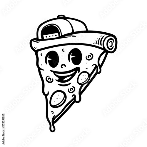 fun swag pizza with cap hat cartoon isolated drawing line art style sketch classic vintage design illustration