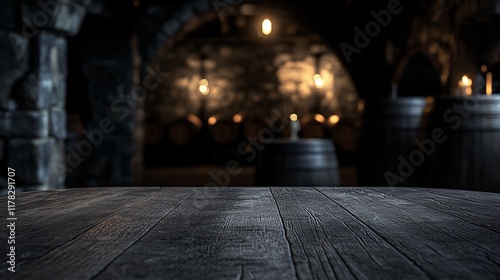 Dark wooden table in front of a blurred background of a dimly lit wine cellar with stone walls and oak barrels.