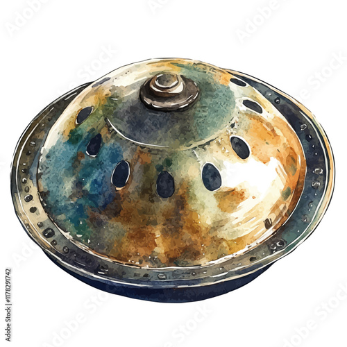 A watercolor clipart of a handpan, isolated on a white background. Handpan vector.
