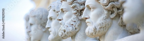 A close-up view of ancient sculptures depicting classical figures with detailed beards and expressions.