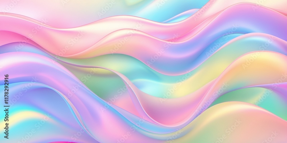 Fototapeta premium Abstract colorful background with soft, wavy patterns flowing horizontally. Vibrant pastel colors, including pink, blue, purple, green, and yellow, blend smoothly with a gradient effect.