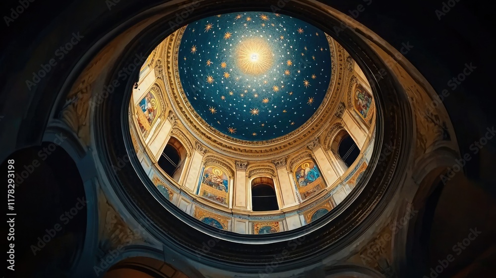 Obraz premium A captivating view of a starry dome ceiling, illuminated with celestial designs and rich architectural details.
