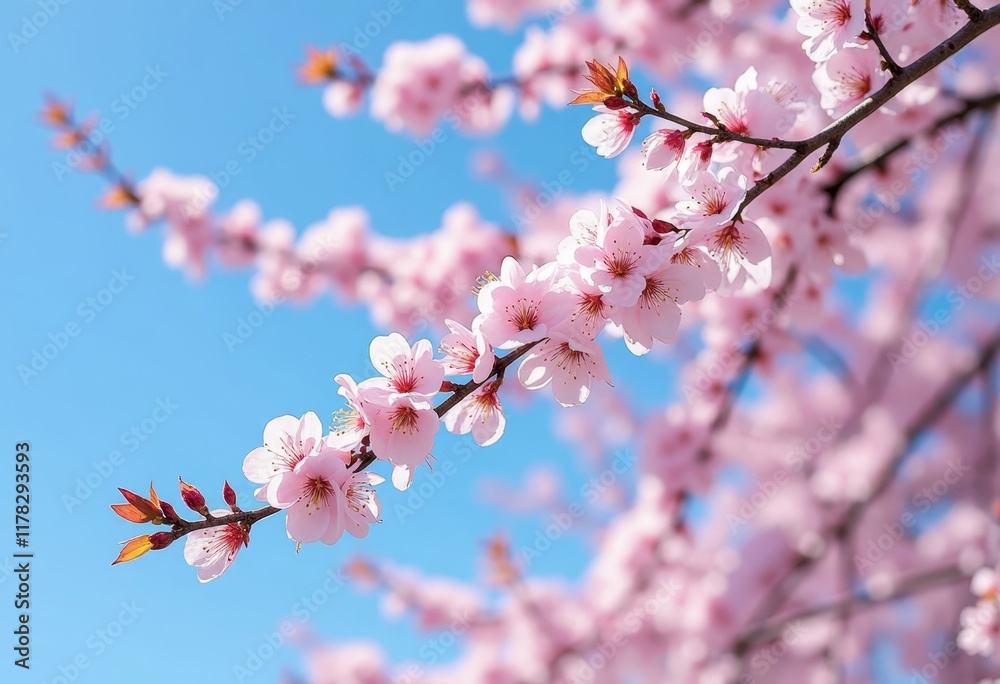 Pink cherry blossoms on branches against blue sky Pink cherry blossoms on branches against blue sky