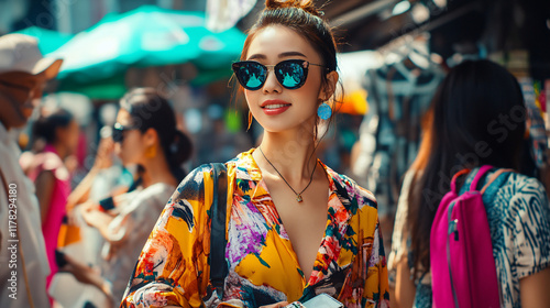 A street photographer capturing candid moments of fashion enthusiasts at a bustling outdoor market, highlighting unique styles and cultural influences in their outfits.  
