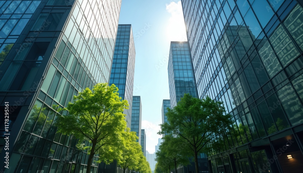 Obraz premium Modern corporate buildings with green trees between. Eco-friendly business concept. Sustainable architecture. Urban setting. Corporate eco-friendly strategy. Reflection of green trees on glass.