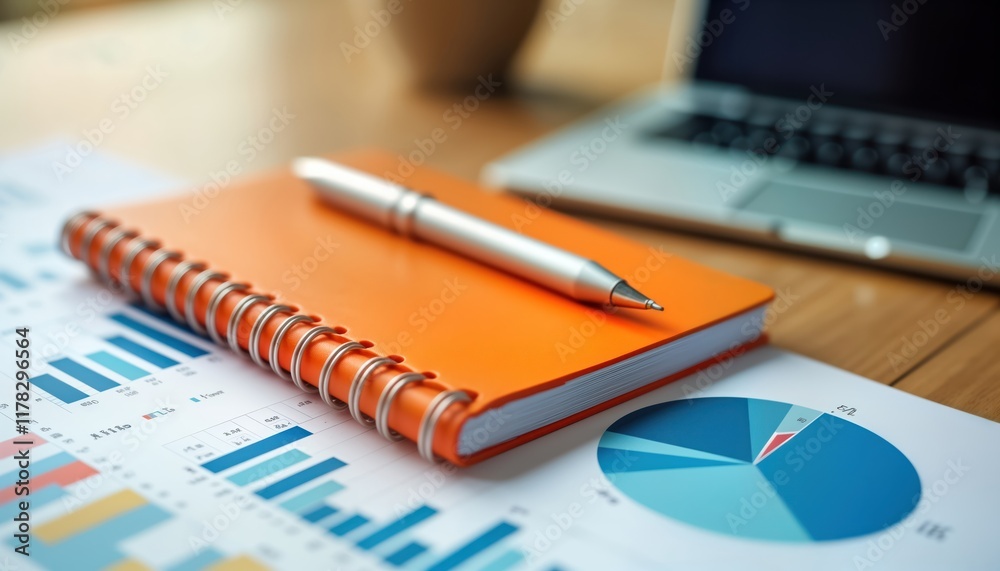 Orange notebook, silver pen on wooden desk with charts. Business analysis financial planning workspace. Documents, graphs suggest data analysis report preparation. Modern office supplies. Possible Orange notebook, silver pen on wooden desk with charts. Business analysis financial planning workspace. Documents, graphs suggest data analysis report preparation. Modern office supplies. Possible