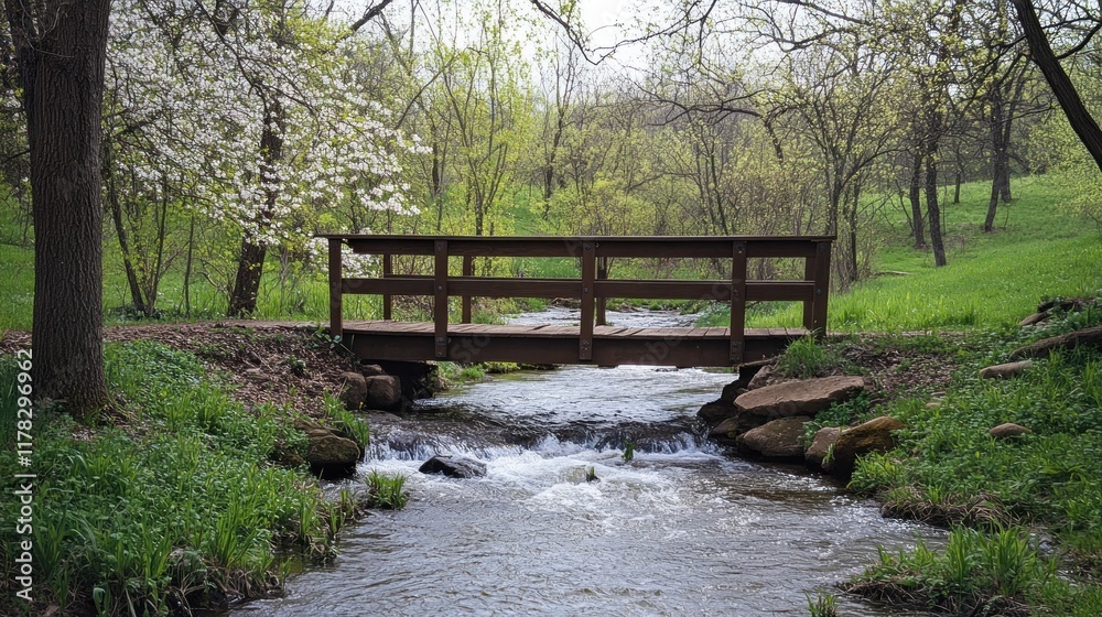 Wooden footbridge over a flowing stream in a lush green park with blossoming trees. Wooden footbridge over a flowing stream in a lush green park with blossoming trees.