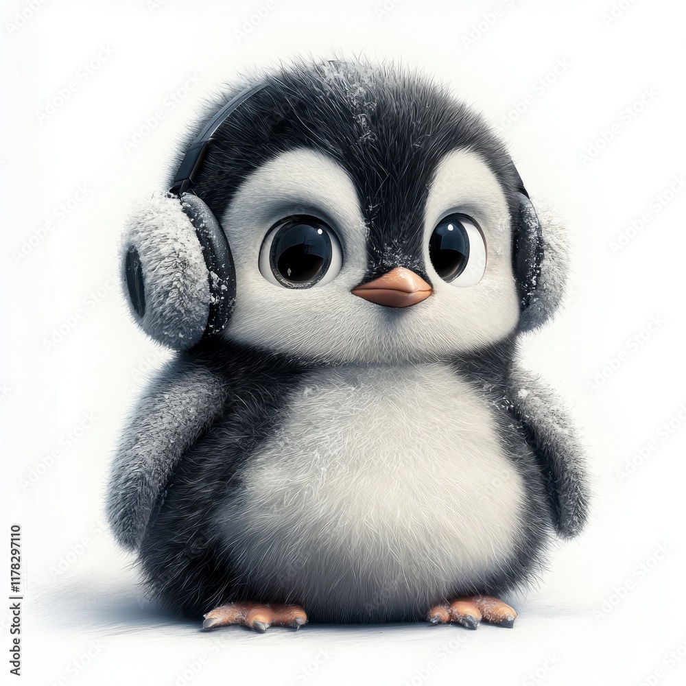 Fototapeta premium Adorable Young Penguin with Headphones and Soft Texture