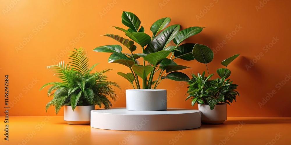 Minimalist Product Photography: Orange Background, Green Leaves, Pedestal Display Minimalist Product Photography: Orange Background, Green Leaves, Pedestal Display