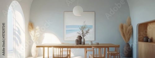 Minimalist dining room, arched doorway, pale blue walls, wooden table, woven chairs, dried pampas grass arrangement, ceramic vases, circular window, soft natural light, coastal interior design, Scandi