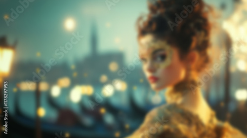 .blurred background on the theme of the Venetian carnival. portrait of a woman against the backdrop of a pier with gondolas photo