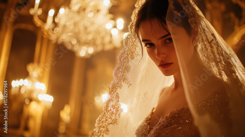 woman in a gold brocade gown, her face partially covered by a delicate lace veil, standing in a candlelit Venetian ballroom with crystal chandeliers photo