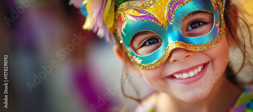 Little girl smiling and wearing a colorful venetian mask during carnival