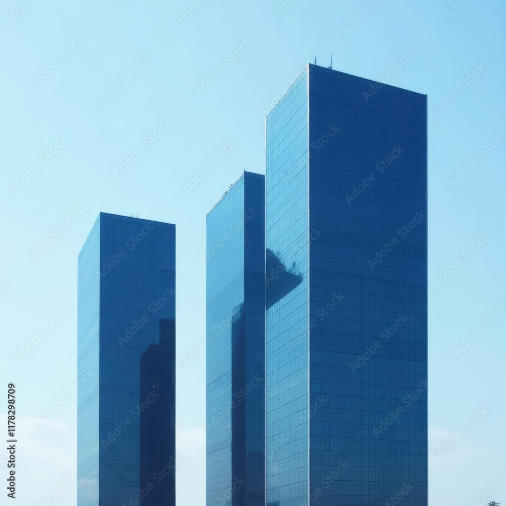 Three blue glass buildings against clear sky Three blue glass buildings against clear sky