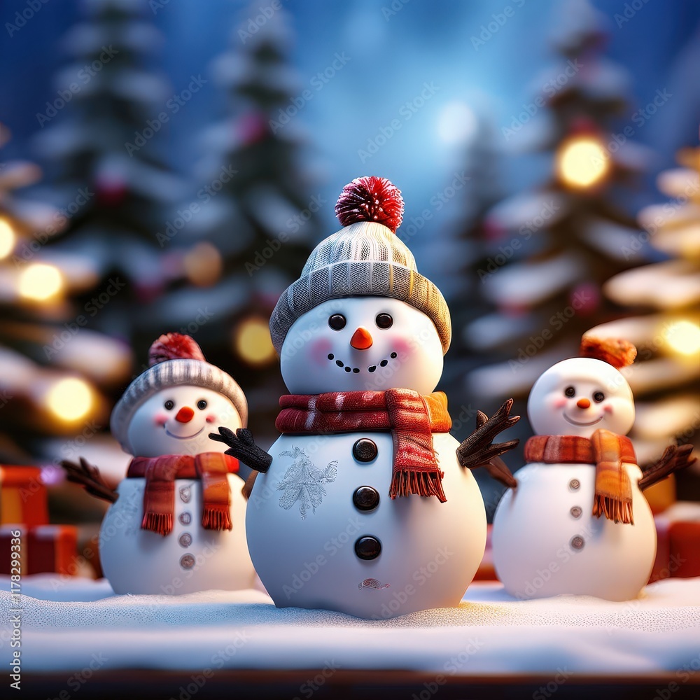 an AI Image Generator, Smiling Snowmen in a Winter Wonderland at Sunset an AI Image Generator, Smiling Snowmen in a Winter Wonderland at Sunset