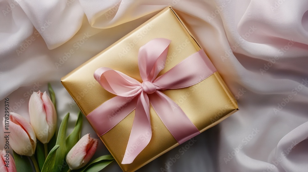 Gold gift box with pink ribbon and tulips.