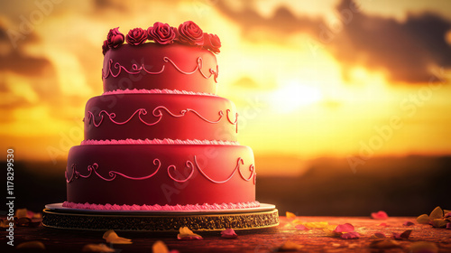 beautiful three tiered cake adorned with roses, set against romantic sunset backdrop. warm colors of sunset enhance cake elegance, creating perfect atmosphere for celebrations