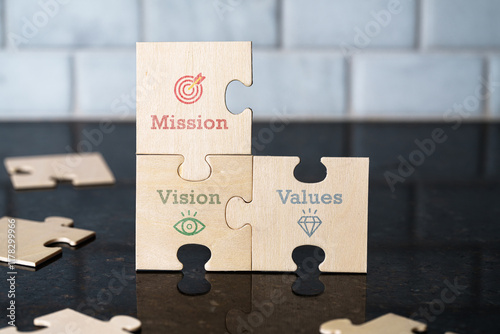 Mission vision values statement, wooden puzzle pieces interlocking, teamwork business plan