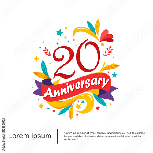 20th years anniversary celebration emblem logo isolated colorful and cheerful with leaves, ribbons and stars on white background. vector illustration template design for web, flyers, poster, greeting